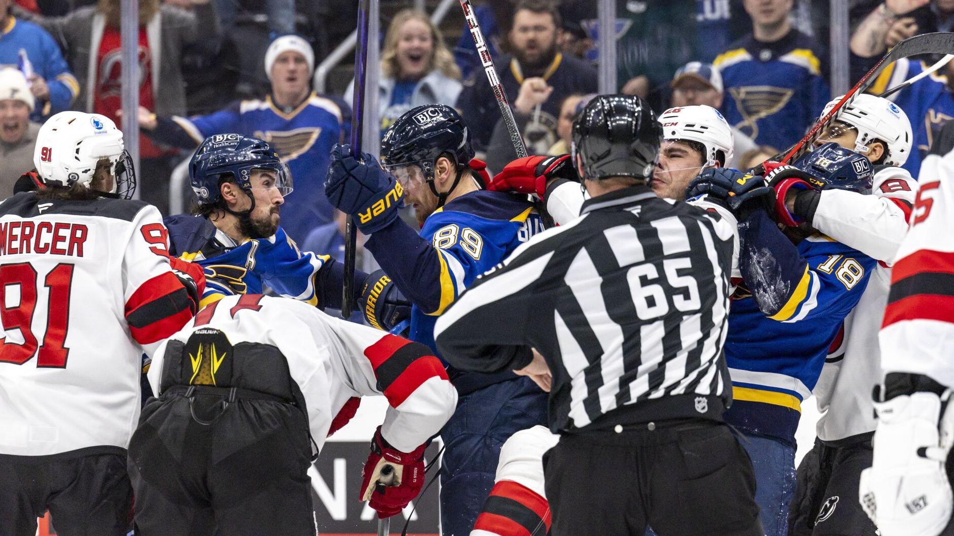 Photos: In 4-1 loss to Devils, Blues fight more than score